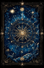 a gold and blue framed picture of a starry sky with a compass in the center. the compass is surround