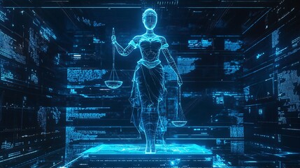 Poster - Hologram of lady justice standing in cyberspace holding scales of justice