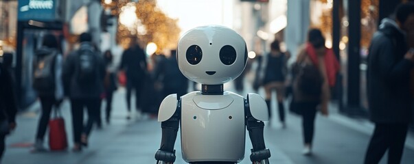 Aufkleber - White humanoid robot standing on busy city street