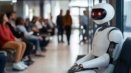 Aufkleber - White humanoid robot sitting in busy airport terminal waiting area