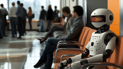 Leinwandbilder - White humanoid robot sitting in waiting room full of people