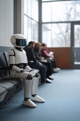 Aufkleber - White humanoid robot sitting in waiting room with people