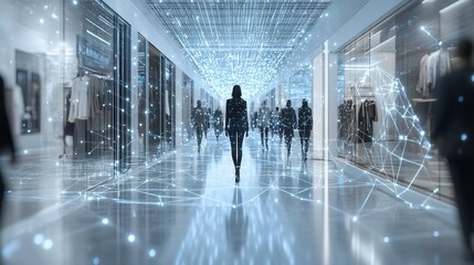 Poster - A futuristic shopping mall scene featuring a woman walking amidst digital connections and glowing lights.