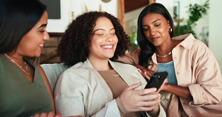 Aufkleber - Friends, phone and show with women on sofa for social media post, share memory and connection. Streaming, choice and support with people in living room at home for search, gossip and online news