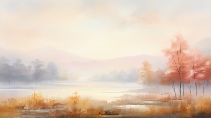  Serene Autumn Landscape with Misty Morning on a Lake, Vibrant Fall Foliage, and Soft Reflections