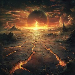 A planetary apocalypse unfolds with fiery cracks and cosmic doom