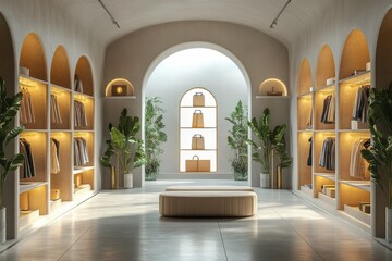 Poster - A serene boutique interior featuring elegant displays, soft lighting, and lush greenery, creating a modern shopping atmosphere.