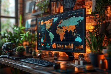 Poster - A modern workspace featuring a computer displaying a world map and data analytics, surrounded by plants and a warm, inviting atmosphere.