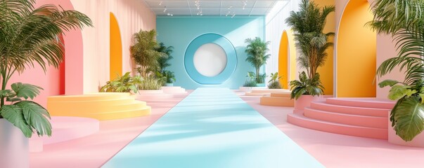 Poster - A vibrant, modern interior featuring pastel colors, arches, and greenery, creating a stylish and inviting atmosphere.
