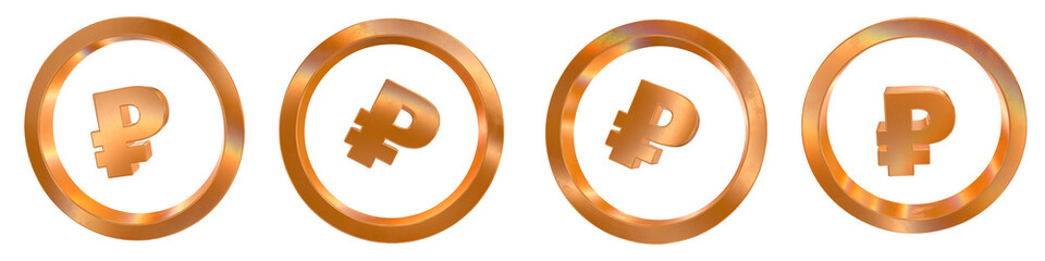 Poster - Set of 4 3d rouble coin outline shapes with golden and rainbow effects isolated on a transparent background. 3d elements for graphic design.
