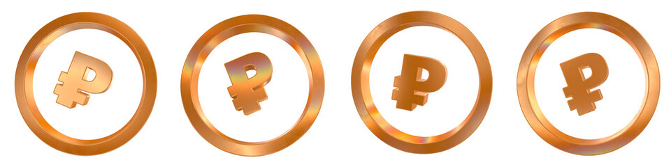 Poster - Set of 4 3d rouble coin outline shapes with golden and rainbow effects isolated on a transparent background. 3d elements for graphic design.