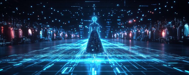 Poster - A futuristic digital landscape features a holographic figure surrounded by glowing data streams and geometric patterns.