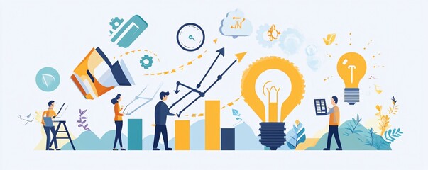 Poster - Business people analyzing growing chart and light bulbs representing innovative idea