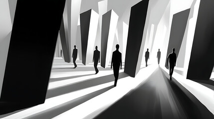 Wall Mural - Monochrome Cityscape: Abstract Geometric Figures Walking Through Light and Shadow