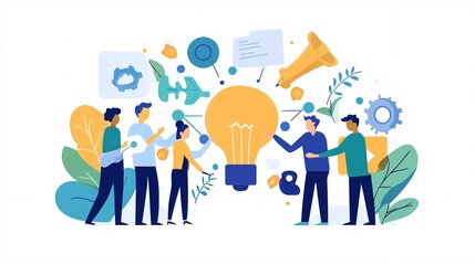 Aufkleber - Teamwork generating innovative ideas with light bulb symbolising creativity