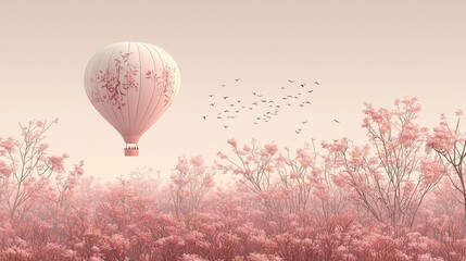  Serene hot air balloon floating over a pink blossom landscape with birds in the background