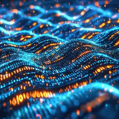 Poster - binary data sequences forming dynamic glowing streams, illustrating rapid digital computation.
