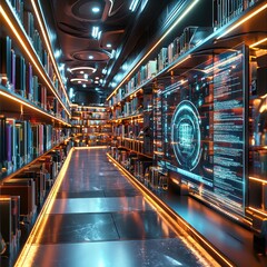 Poster - library bookshelves radiating intelligent digital overlays, enabling dynamic interactive knowledge.