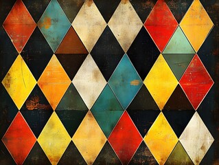 Poster - Diamond Pattern in Distressed Paint with Vintage Color Palette and Textured Surface