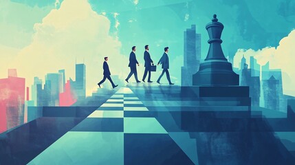 Poster - Businessmen walking on chessboard toward a king chess piece