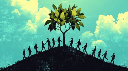 Poster - Business people walking toward a tree growing on a hill