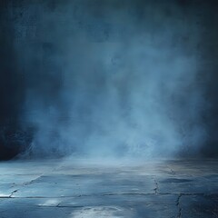 Poster - Moody Blue Studio Backdrop with Concrete Floor and Hazy Smoke Effect for Product Photography