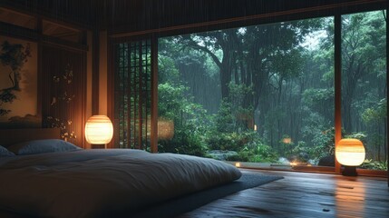 Poster - Rainy night, serene bedroom, forest view, Japanese style, relaxation