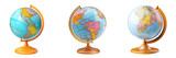 Collection of vibrant cartoon-style globe with fun stand isolated on a white or transparent background.