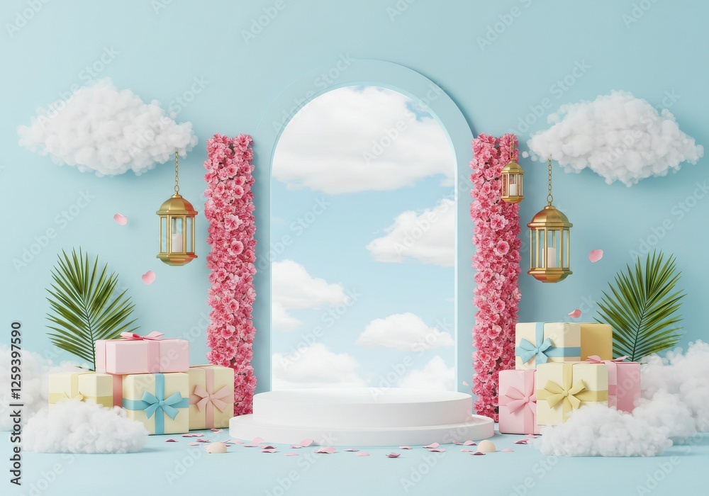 spring festival scene featuring a pastel blue backdrop with an arched ...