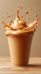 Poster - Delicious Caramel Drink Splashing Out of a Cup on a Wooden Table Background