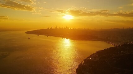 Poster - Bosphorus Strait as the sun sets, casting its golden light over the water, with the skyline of Istanbul providing a stunning backdrop