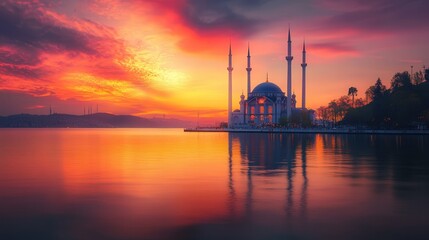 Poster - Bosphorus Strait during sunset, capturing the rich oranges and pinks of the sky as they reflect on the calm, dark waters below