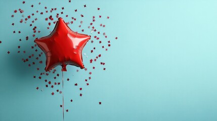 Wall Mural - Red star balloon, confetti, blue background, celebration (1)