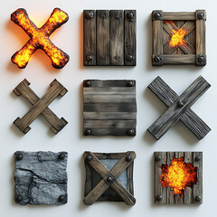 Canvas Print - Nine Square Wooden and Metal Textures with Cross Patterns and Fire Elements