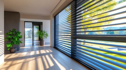 Poster - Modern hallway sunlit windows, garden view, blinds, interior design