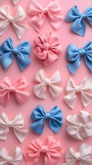 Poster - Pastel Bow Arrangement on Pink Surface Gentle and Delicate Decorative Background