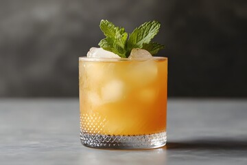 Poster - Refreshing Cocktail in a Glass with Ice and Mint Sprig on a Gray Surface Simple Still Life