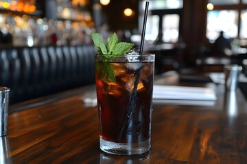 Poster - Refreshing Dark Cocktail with Mint Garnish on a Wooden Bar Top in a Warm Setting