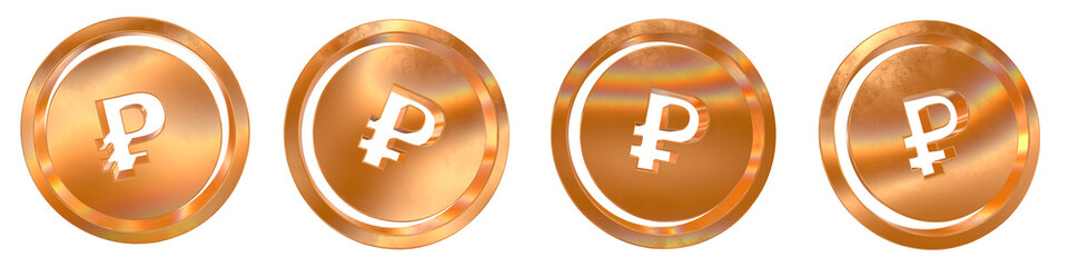 Poster - Set of 4 3d rouble solid coin shapes with golden and rainbow effects isolated on a transparent background. 3d elements for graphic design.