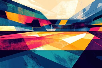 Wall Mural - Abstract geometric art depicts a soccer field and goal post