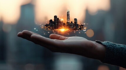 Poster - Person holding a glowing futuristic city skyline in their hands with high fidelity detail