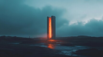 Poster - tower under a twilight sky, its structure glowing softly in the fading light, creating a striking contrast with the darkening landscape