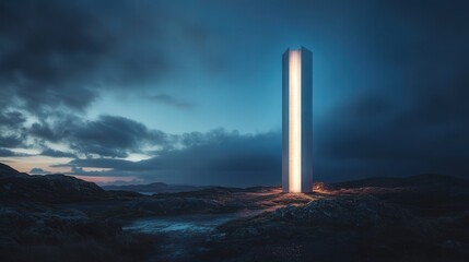 Poster - tower under a twilight sky, its structure glowing softly in the fading light, creating a striking contrast with the darkening landscape