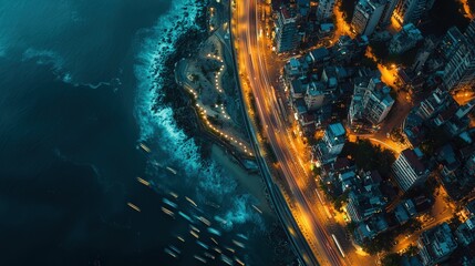 Poster - prosperous coastal city, showcasing the city glow against the dark ocean, with highways filled with moving vehicles and buildings lit up from above