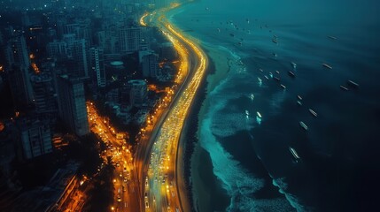 Poster - prosperous coastal city, showcasing the city glow against the dark ocean, with highways filled with moving vehicles and buildings lit up from above