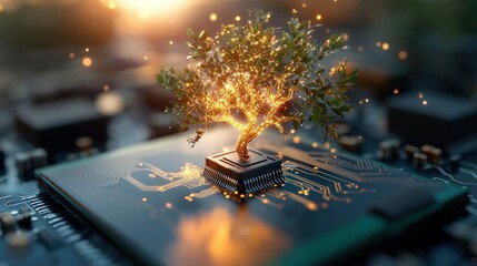 Aufkleber - Tree growing on computer chip with glowing golden branches and high fidelity details