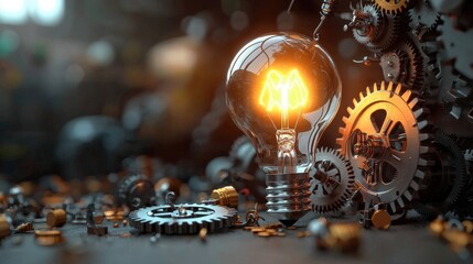 Poster - Light bulb with internal gears illuminating a workspace in a realistic and detailed manner