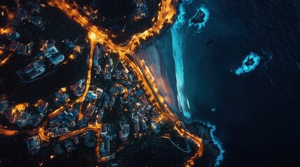 Poster - coastal city at night, with illuminated streets, buildings, and the ocean reflecting the lights, creating a stunning urban and natural contrast