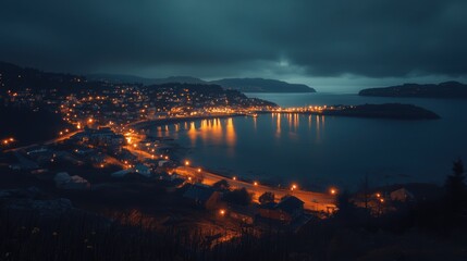 Poster - coastal city at night, with illuminated streets, buildings, and the ocean reflecting the lights, creating a stunning urban and natural contrast
