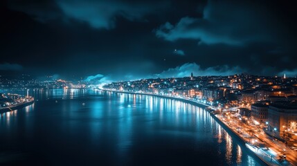 Poster - coastal city at night, with illuminated streets, buildings, and the ocean reflecting the lights, creating a stunning urban and natural contrast